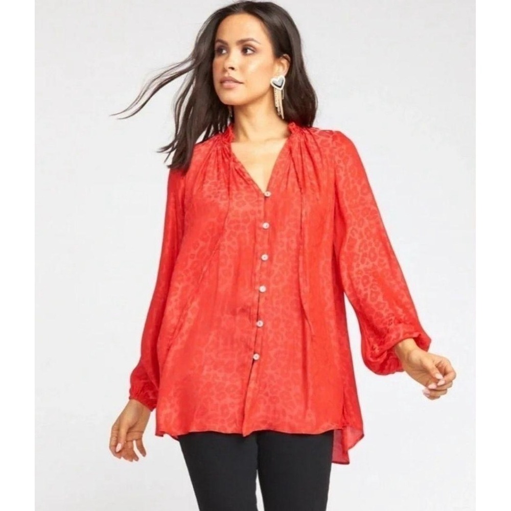 Show Me Your Mumu Alicia Tunic Red Leopard Jacquard Ruffle Neck Blouse XS